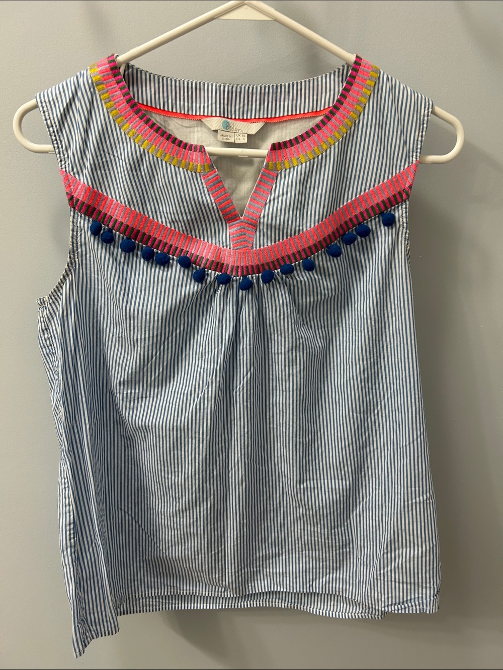 Boden Size 6 Striped Sleeveless Top with Neon Trim and Pom-Pom Detail - Blue